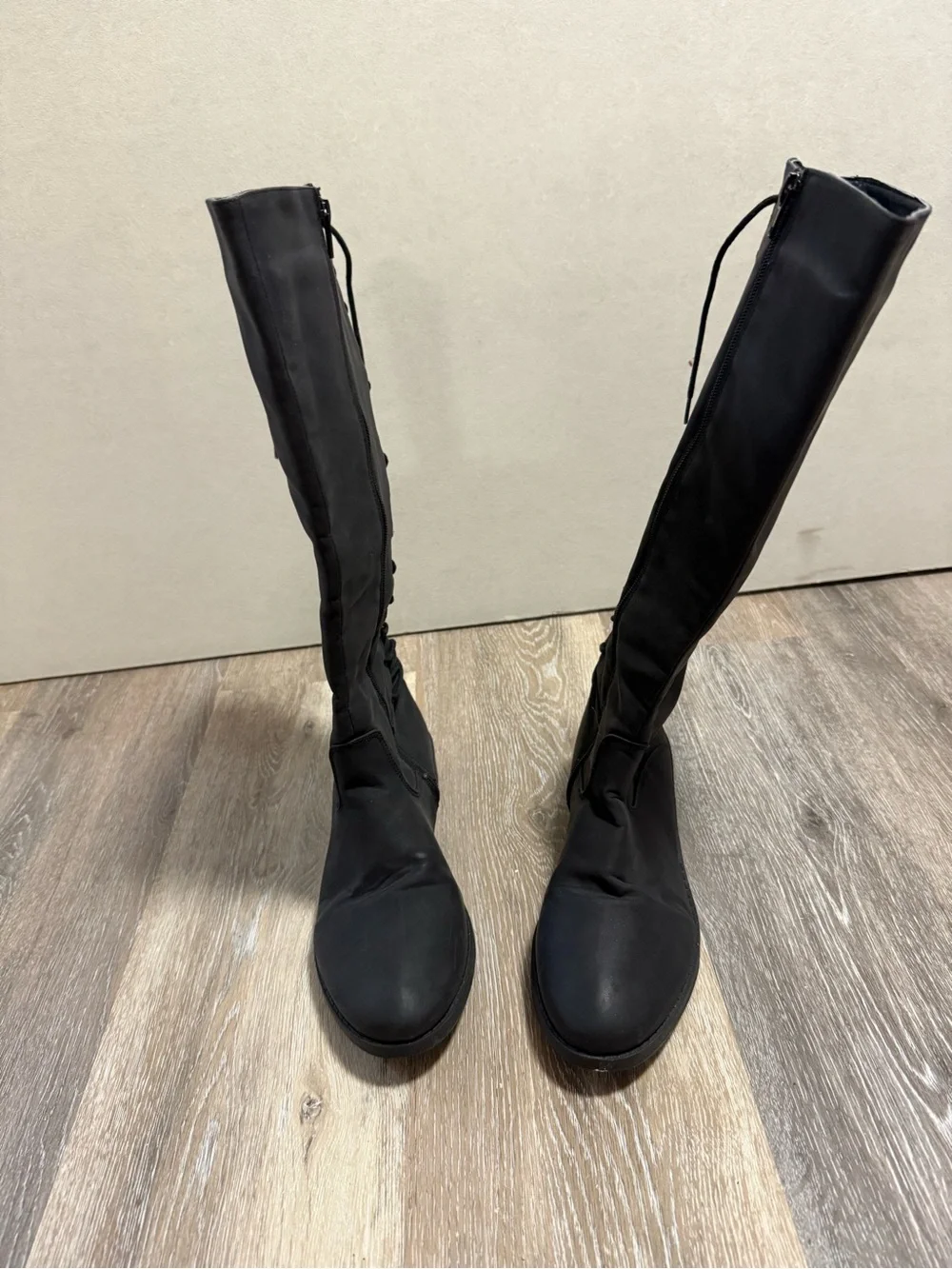 Black Faux Lace-Up Knee-High Boots